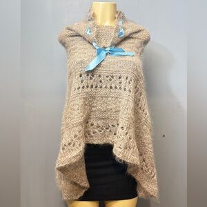 Oatmeal Eyelash Silky Scalloped Edge Knit Shawl Sweater with Blue Satin Ribbon